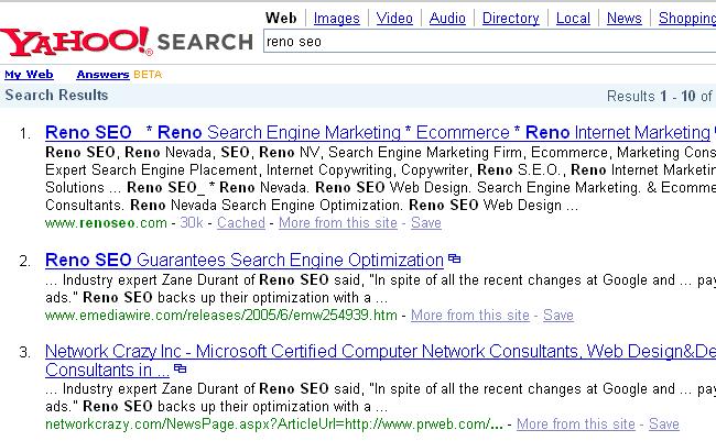 #1 Yahoo - Reno SEO Client RenoSEO.com